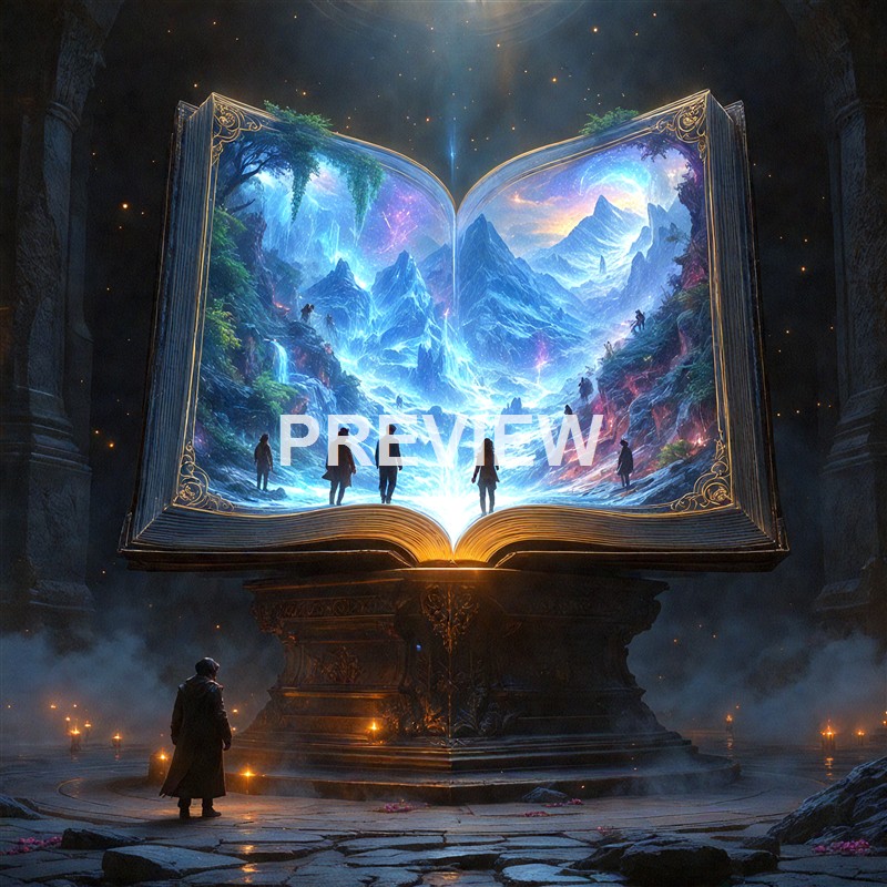 A large, magical, open book with a glowing, detailed landscape of mountains, waterfalls, and forests emerging from its pages, with several people exploring the scene and a person standing in front of it in a dark, mystical setting.